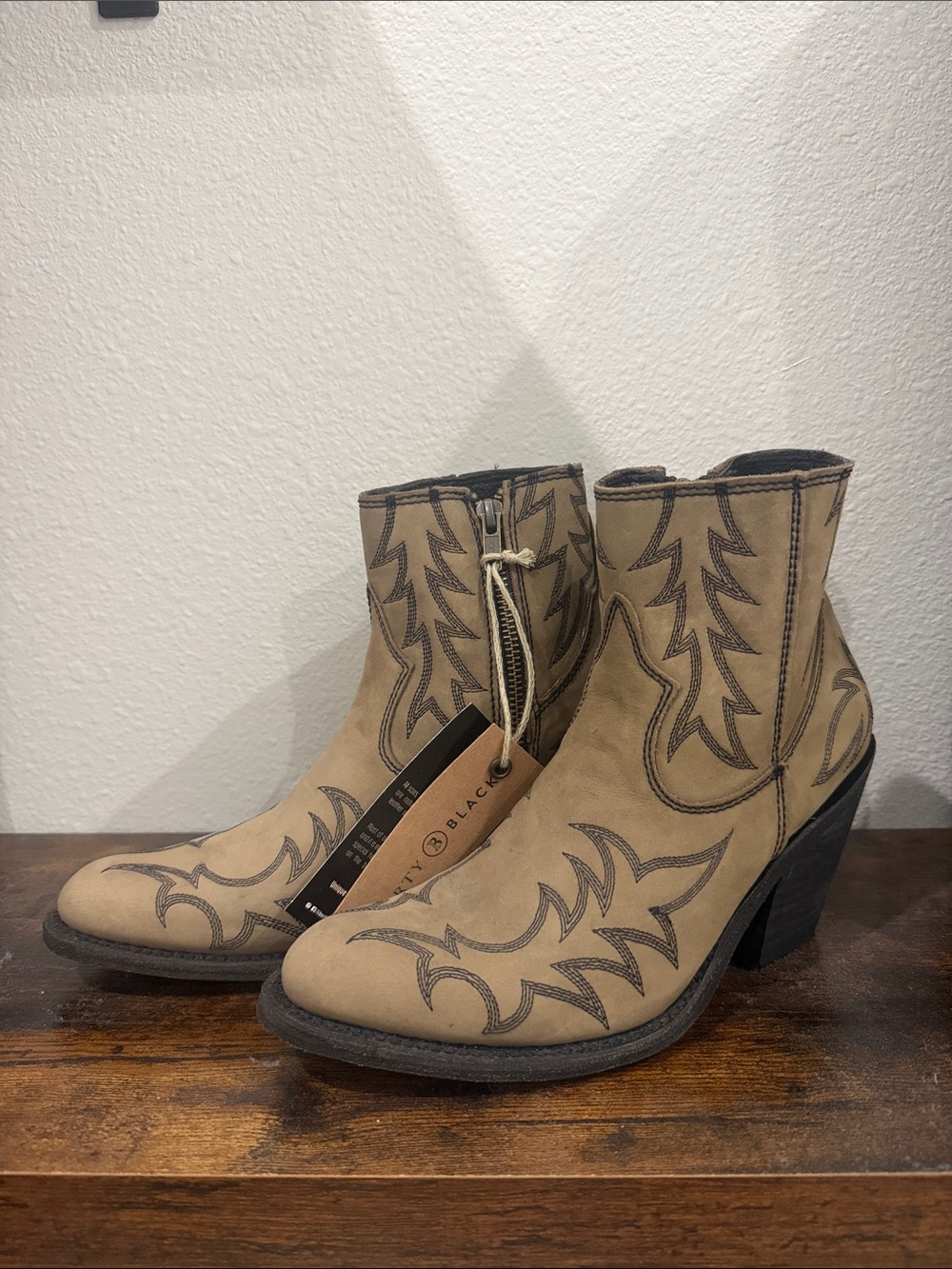 LIBERTY Black Tan Western Embroidered Ankle Boots